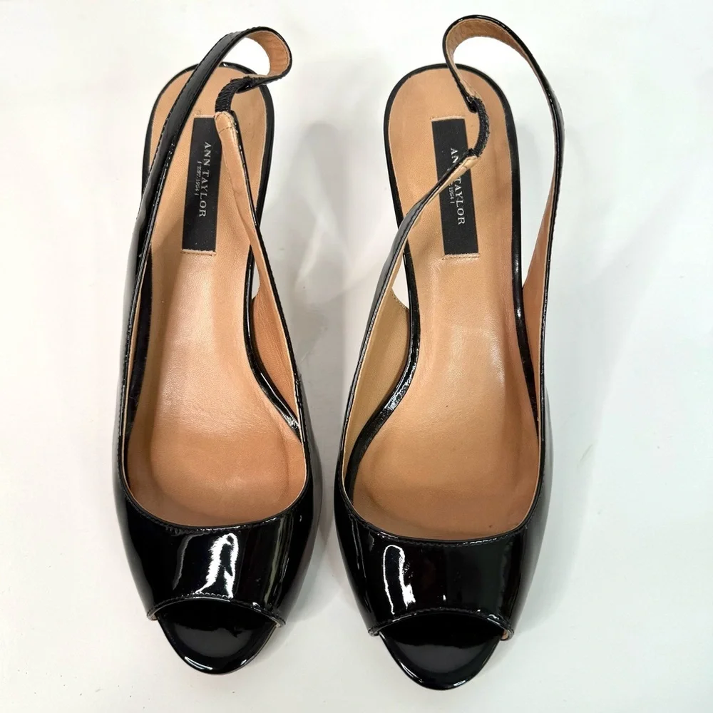 ANN TAYLOR Perfect KH Slingback Black Patent Leather Peep Toe Size 7.5 Heels - Picture 4 of 15